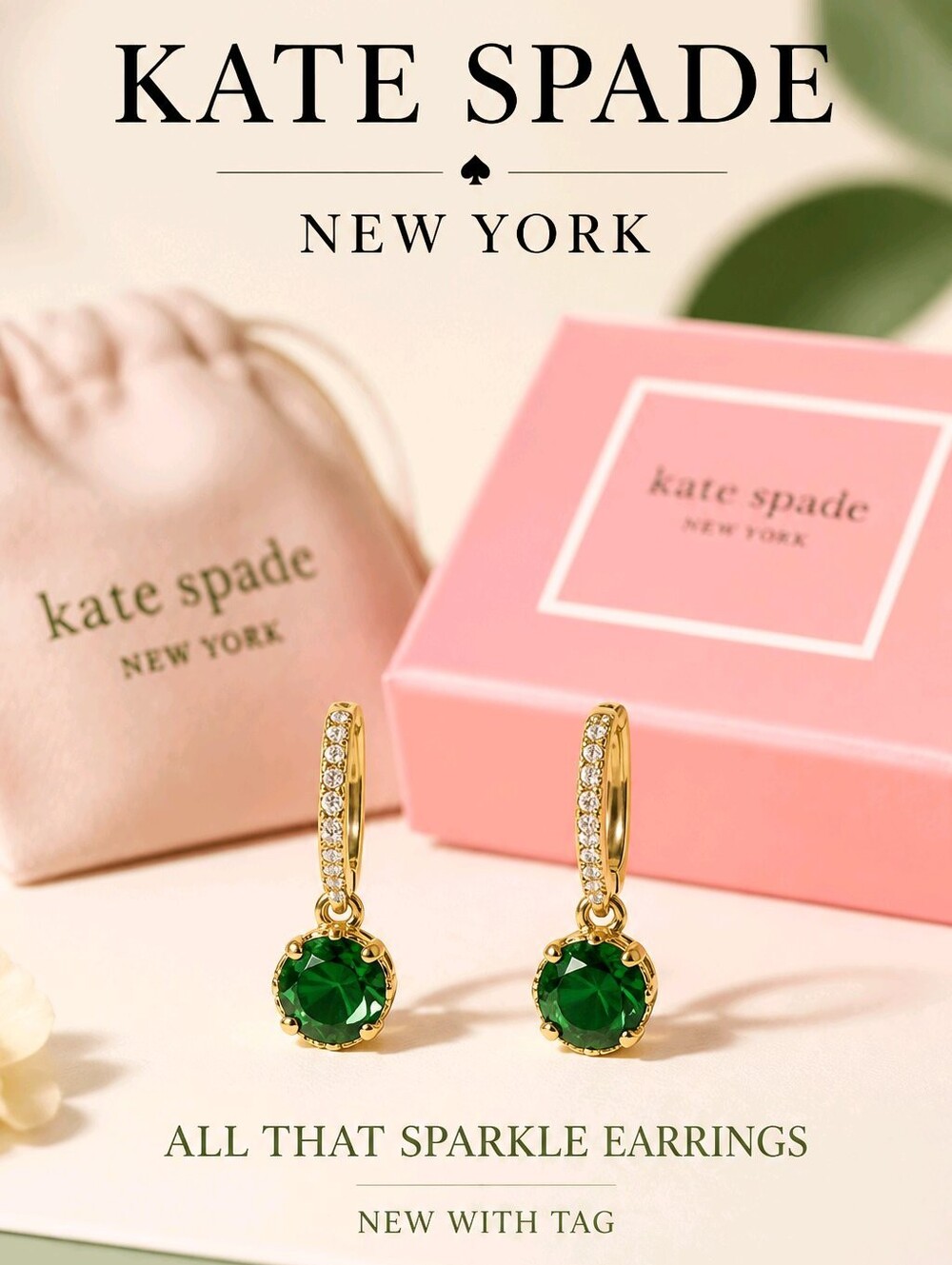 Kate Spade Gold Emerald Crystal Gemstone All That Sparkle Pierce Earrings New